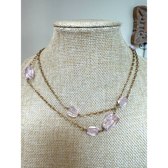 J. Crew Long Gold Tone Chain Necklace W/ Pink Faceted Beads Double Strand Design - Picture 1 of 9